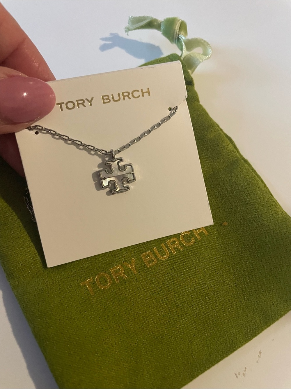 Tory Burch Silver Logo Charm Necklace
